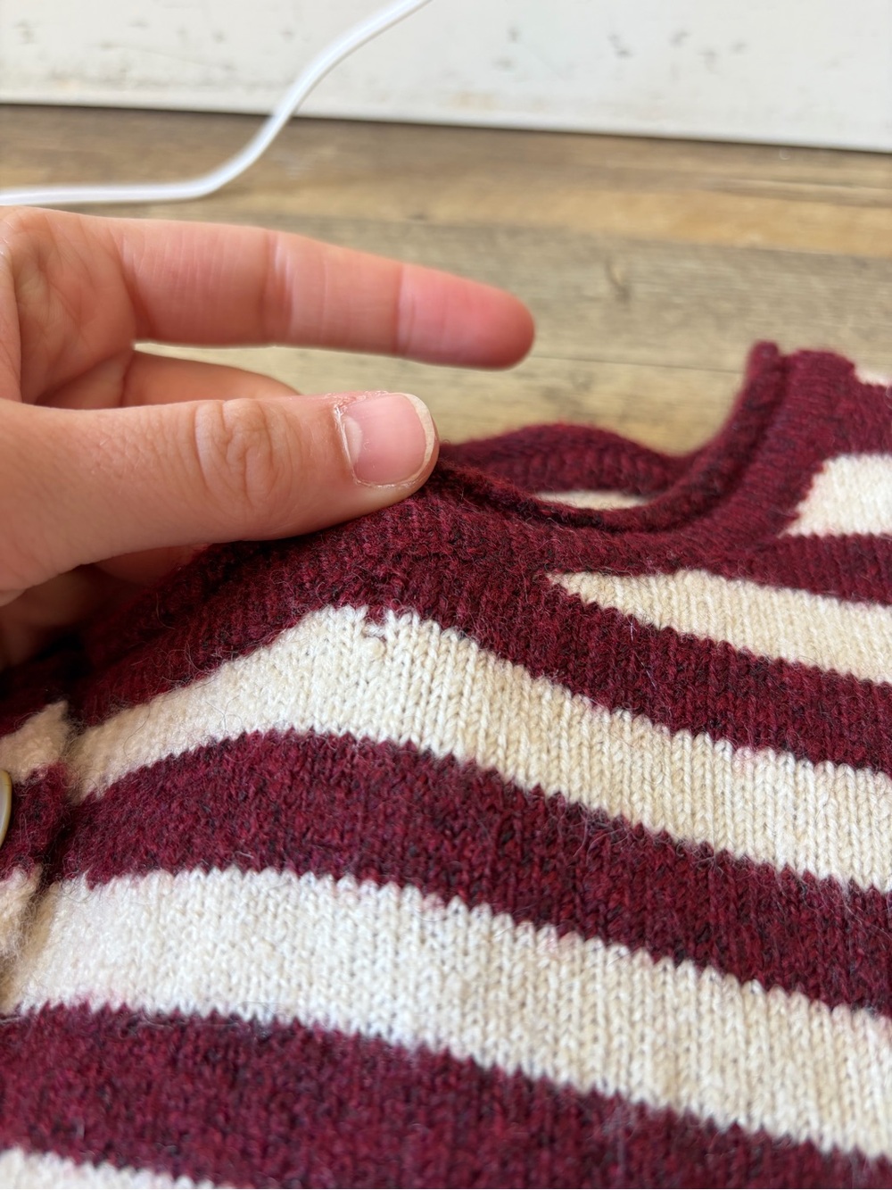 Staccato Burgundy and Oat Striped Knit Relaxed Fit Cardigan Sweater Tomato Girl - Picture 9 of 12